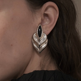 Vintage Sterling Silver Oval Onyx Black Stone Clip On Earrings