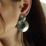 Sterling Silver Double Disc Stud Earrings with Blue-Green Cabochon Stones