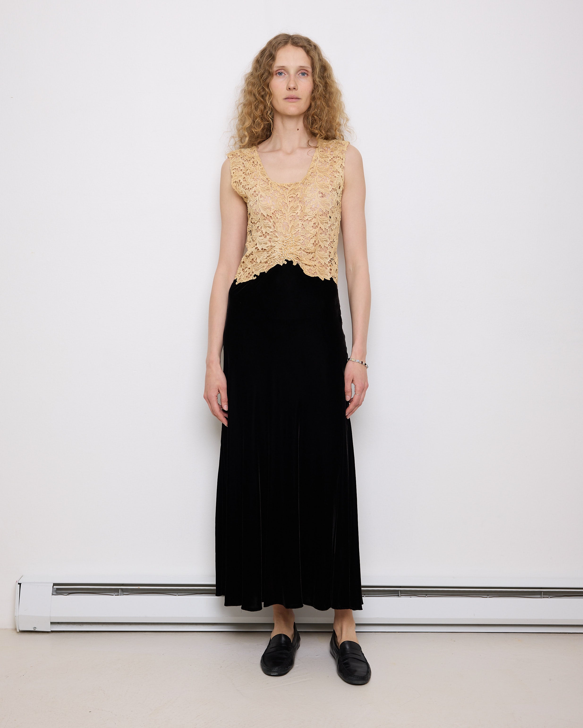 Vintage Lace and Velvet Dress, 56.5-inch length, 15.5-inch bust laid flat. Fits size S–M. Model is 5'11", very good vintage condition