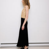 Vintage Lace and Velvet Dress, 56.5-inch length, 15.5-inch bust laid flat. Fits size S–M. Model is 5'11", very good vintage condition