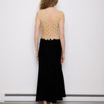 Vintage Lace and Velvet Dress, 56.5-inch length, 15.5-inch bust laid flat. Fits size S–M. Model is 5'11", very good vintage condition