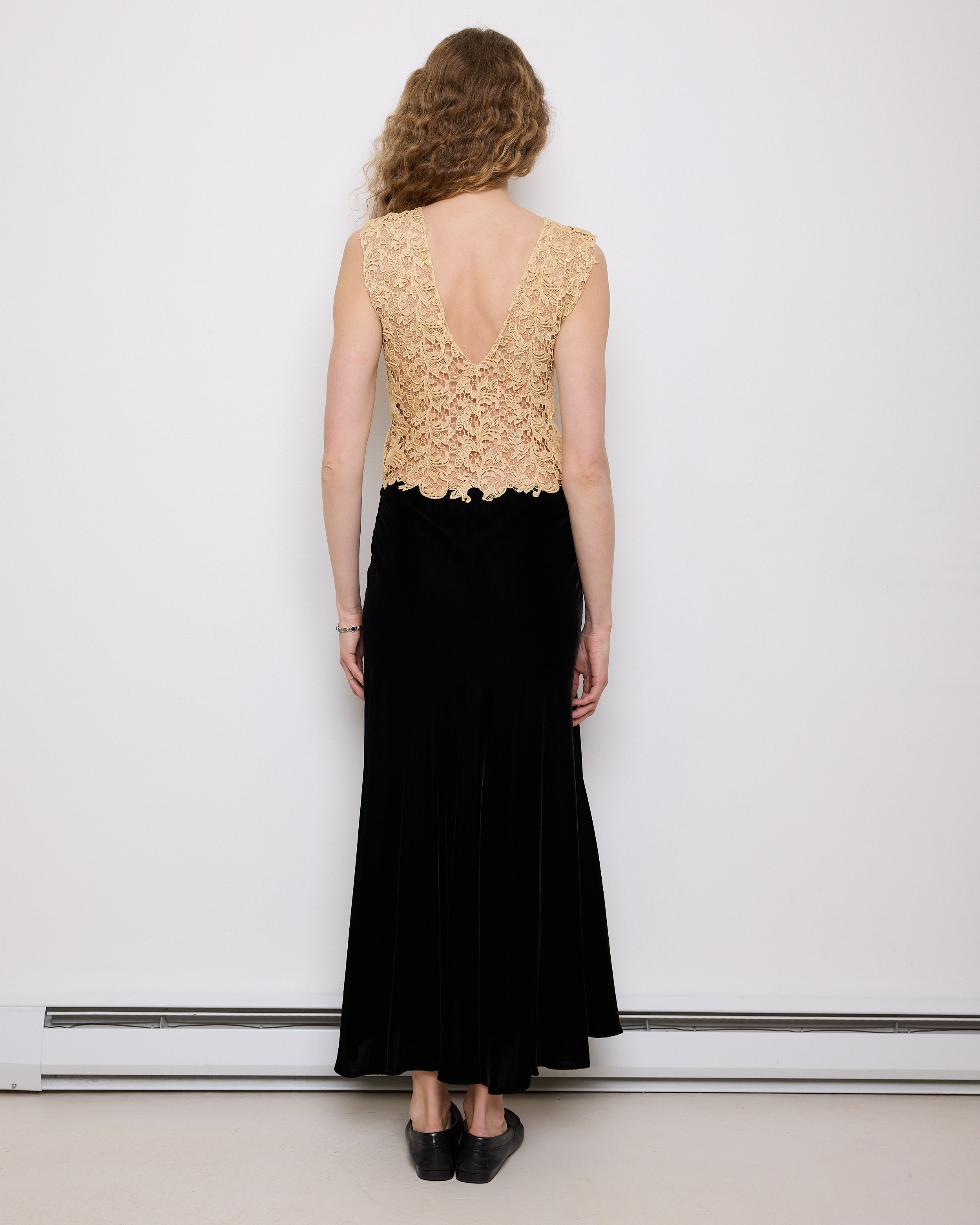 Vintage Lace and Velvet Dress, 56.5-inch length, 15.5-inch bust laid flat. Fits size S–M. Model is 5'11", very good vintage condition