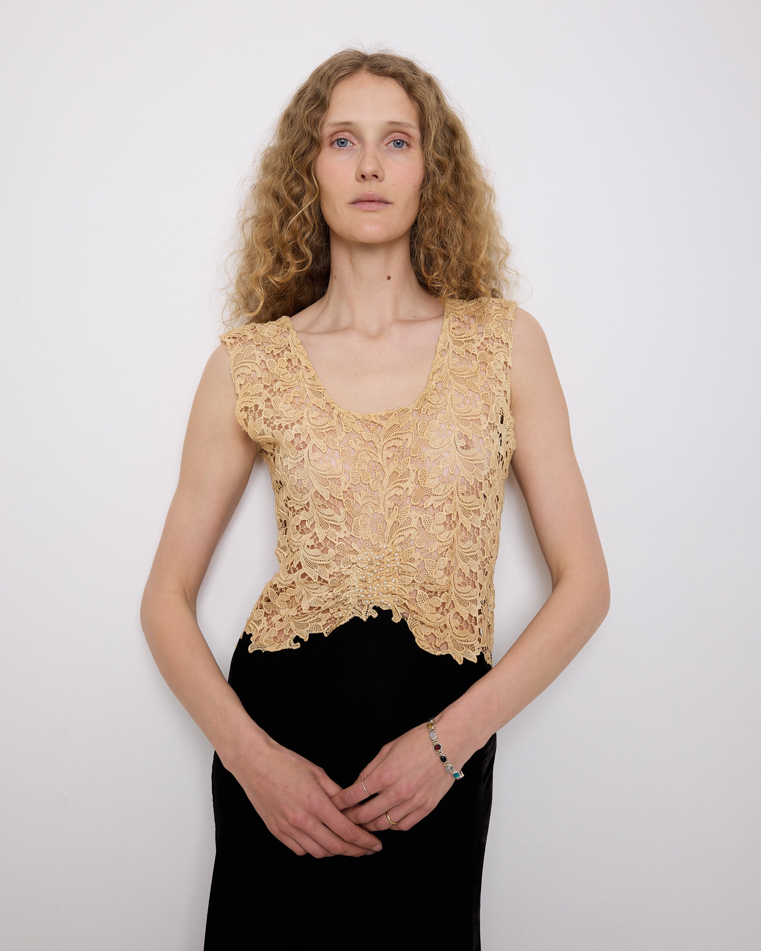 Vintage Lace and Velvet Dress, 56.5-inch length, 15.5-inch bust laid flat. Fits size S–M. Model is 5'11", very good vintage condition