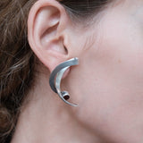 Vintage Sterling Silver Sculptural Crescent Earrings with Garnet
