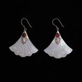 Vtg Carved Mother of Pearl Fan Dangle Earrings Garnet 925 Sterling Silver