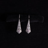 Sterling Silver Long Floral Diamond Shaped Drop Earrings with Pink Stone