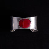 Wide Silver Cuff Bracelet with Red Oval Stone