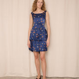 Navy Silk Layered Dress with Floral Details
