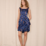 Navy Silk Layered Dress with Floral Details