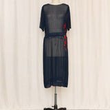 Vintage Handmade Sheer Navy Dress with Red Floral Details