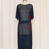 Vintage Handmade Sheer Navy Dress with Red Floral Details
