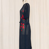 Vintage Handmade Sheer Navy Dress with Red Floral Details