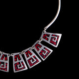 Sterling Silver Geometric Necklace with Red and Black Inlays