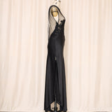 Vintage VS Black Silk Slip With Mesh Lace Bust, Made in USA