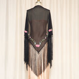 Vintage Charter Club Silk Embroidered Fringe Shawl