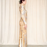 Roberto Cavalli Velour Blue and Tan Maxi Dress