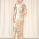Roberto Cavalli Velour Blue and Tan Maxi Dress