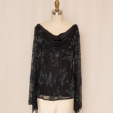 Black Silk Beaded Cowl Neck Top With Flared Sleeve