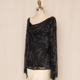 Black Silk Beaded Cowl Neck Top With Flared Sleeve