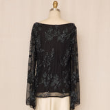 Black Silk Beaded Cowl Neck Top With Flared Sleeve