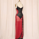 Red Sheer Slip with Black Lace