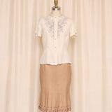 Vintage Embroidered Short Sleeve Silk Blouse in Cream