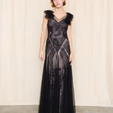 BCBG Black Tulle Gown with Silk Pink Floral Lining