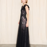 BCBG Black Tulle Gown with Silk Pink Floral Lining