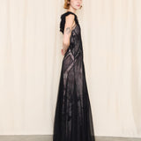 BCBG Black Tulle Gown with Silk Pink Floral Lining
