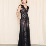 BCBG Black Tulle Gown with Silk Pink Floral Lining