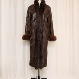 Vintage Brown Patchwork Leather Coat with Fur Lining and Cuffs