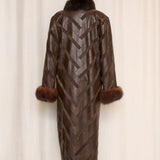 Vintage Brown Patchwork Leather Coat with Fur Lining and Cuffs