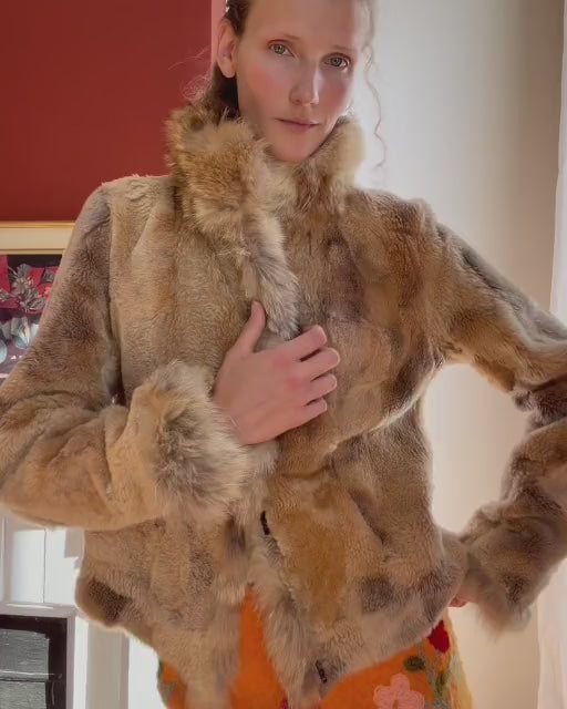 Vintage Shearling Patchwork Jacket with Fur Collar — close-up