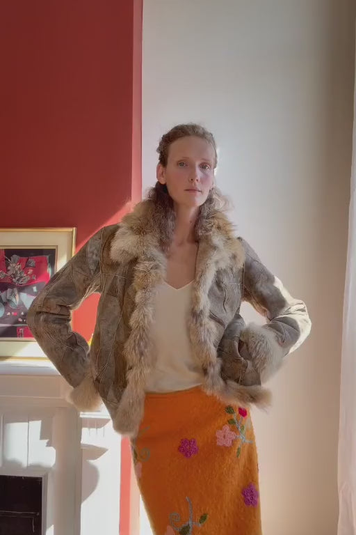 Vintage Shearling Patchwork Jacket with Fur Collar — full view