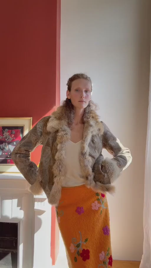 Vintage Shearling Patchwork Jacket with Fur Collar — full view